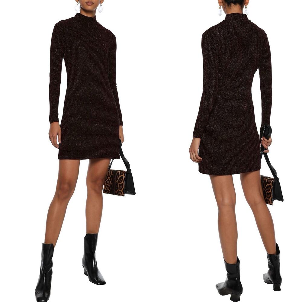 Rebecca Minkoff Women Dress Sz Large Phoebe High Neck Metallic Ribbed Knit Mini